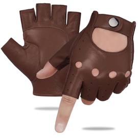 GSG SINCE 1998 Mens Fingerless Leather Driving Gloves Half Finger Sheepskin Unlined Brown Large