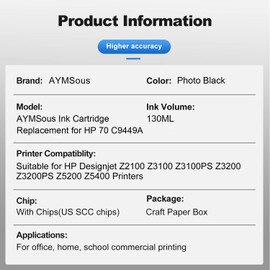 AYMSous Compatible Ink Cartridge Replacement for HP 70 C9449A for HP Designjet Z2100 Z3100 Z3100PS Z3200 Z3200PS Z5200 Z5400 Printers (Photo Black 130ML)