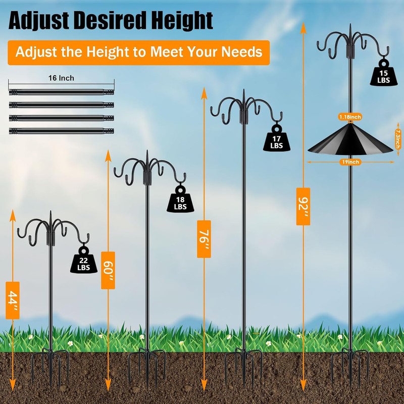 FEED GARDEN 4-Hook Squirrel-Proof Bird Feeder Pole - 92" Heavy-Duty