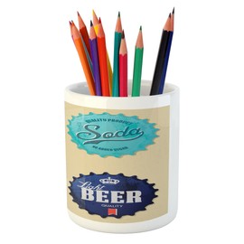Lunarable 1950s Pencil Pen Holder, Retro Bottle Caps Design Beer Drink Soda Old Times Old Days Memories Fun Happy, Printed Ceramic Pencil Pen Holder for Desk Office Accessory, Multicolor