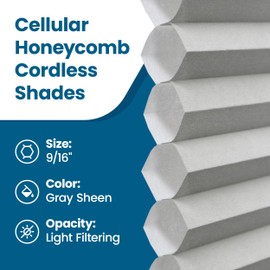 BlindsAvenue Cellular Honeycomb Cordless Shade, 9/16" Single Cell, Light Filtering, Gray Sheen, Size: 33" W x 72" H