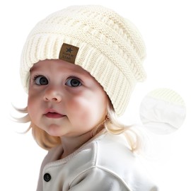 Century Star Baby Beanie Hats for Girls Boys Winter Warm Satin Lined Beanie Knitted Baby Girl Hats Infant Toddler Cap White 6-36 Months