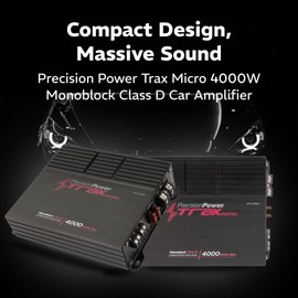 Precision Power Trax Micro Monoblock Class D Car Stereo Amplifier TM1.4000D – 4000W Single Channel Digital Subwoofer Amp with Wired Bass Control & High-Level Inputs for Powerful Audio