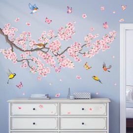 DECOWALL SG2-2427 Pink Flowers and Bird Wall Stickers Cherry Blossom Tree Removable Decoration Living Room Bedroom Wall Decoration Mural Floral Spring Colourful