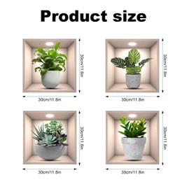4pcs 3D Potted Plant Wall Stickers, Realistic Green Plant Wall Decals Peel and Stick Decorative Plant Wall Stickers Decor for Beautify & Brighten Corridor Hall Bedroom School Office