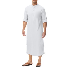 LVCBL Caftan for Men Button up Cotton and Linen Robe Mens Long Sleeve Muslim Islamic Kaftan Thobe for Men White L