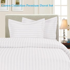 Crown Collection 1000-TC Hypoallergenic Ultra Soft Design 100% Egyptian Cotton Striped Duvet Cover with Zipper Colser & 2pcs Pillow Case Set (Alaskan 120"x136"), White Striped