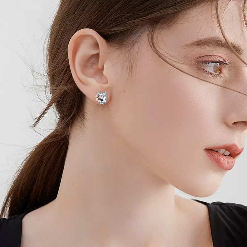 Wolf Earrings 925 Sterling Silver Wolf Stud Earrings Animal Wolf