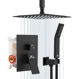 SunCleanse Rainfall Shower System Matte Black Ceiling Mounted Shower System Combo Set with High Pressure 12 Inches Square Rain Shower Head Handheld and Shower Faucet Rough-in Mixer Valve and Trim