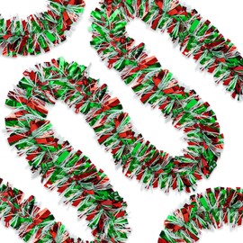 obbsie 65.6 FT Christmas Tinsel Garland, Colorful Christmas Metallic Twist Garland Ceiling Hanging Decorations for Xmas Tree Holiday Party Birthday Indoor Outdoor Decor (Red, Green, White)