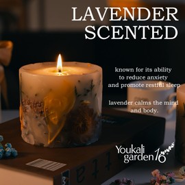 Youkali Scented Soy Candle for Women - Long-Lasting Natural Pillar Candle with Dried Flowers - Gift-Boxed Hand-Poured Luxury Candle for Home Decor and Relaxation (Lavender Floral)