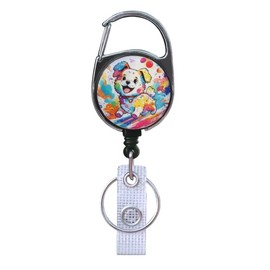 1 PC Retractable Badge Reels for ID Holder & Keys. Metal Carabiner & Back Belt Clip, Key Ring & ID Snap Clip. 1.38" Diameter 24" Nylon Cord. (Colorful Dog)
