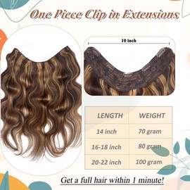 Benafee Clip in Hair Extensions Real Human Hair Body Wave One Piece Clip ins Hair Extensions Medium Brown to Caramel Blonde Human Hair Clip in Extensions Curly Hair Extensions Clip in Human Hair 14"