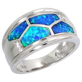 Sterling Silver Blue Synthetic Opal Cigar Band Ring for Women Tortoise Shell Pattern Inlay 7/16 inch Size 6