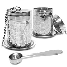 Sou Zen Tea Infuser (2 Pack & Teaspoon Scoop) | Extra Fine Hex Mesh Loose Leaf Tea Strainers | 304 Stainless Steel Tea Steeper with Extended Chain Hook | Perfect for Brewing Loose Tea, Herbs & Spices