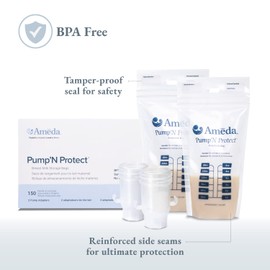 Ameda Pump'N Protect Breastmilk Storage Bag 6oz, 150pc, Baby Essentials, Breastfeeding Supplies, Resealable Breast Milk Storage Bags for Refrigerator or Freezer, BPA Free, Includes 2 Bag Adapters