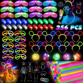 HONLYNE Glow in the Dark Supplies for Kids Adults, Light Up Party Favors, 56 LED Light Up Toys, 100 Glow Sticks Bulk Party Pack DIY Glasses Headbands Necklaces for Neon Party Supplies & Decorations