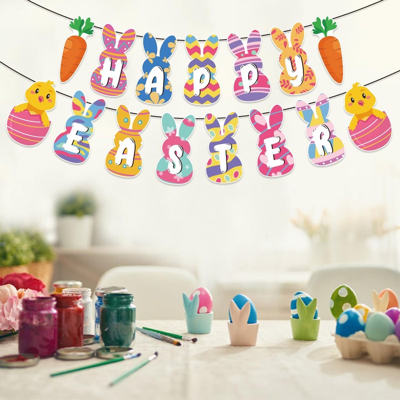 DACSTLWKJ Happy Easter Banner Decorations Bunny Easter Carrots Egg Garland