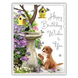 Female Birthday Card for Her - General Card for Women - Dog and Garden Design - Cockapoo Puppy and Birds - Special Finishes and Illustrated Insert Leaf - Made in the UK