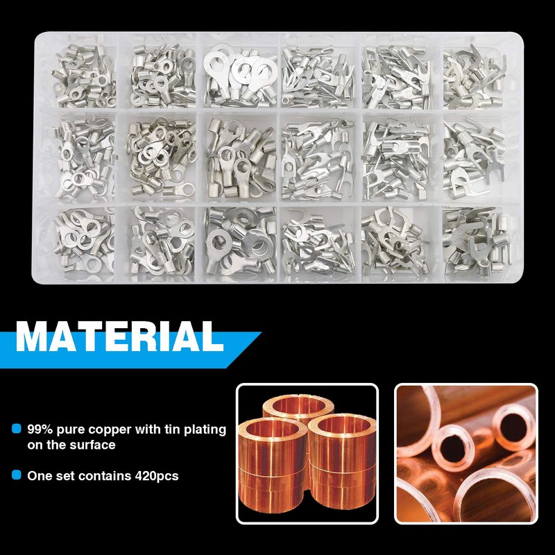 420pcs Non-Insulated Ring Terminals & Fork Connector Kit 22-16/16-14/12-10 Gauge