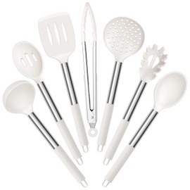 E-far Silicone Cooking Utensils Set, 7 Pcs Heat Resistant Kitchen Utensils with Stainless Steel Handle, Slotted Turner, Spoon, Soup Ladle, Pasta Server, Skimmer, Tongs for Nonstick Cookware, White