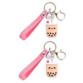 Zhuluck 2Pcs Silicone Pearl Milk Tea Keychain, Cute Bobo Keyring Simulation Drinks Headphone Case Keyring Car Key Chain Bag Pendant for Women Girls Charm Accessories