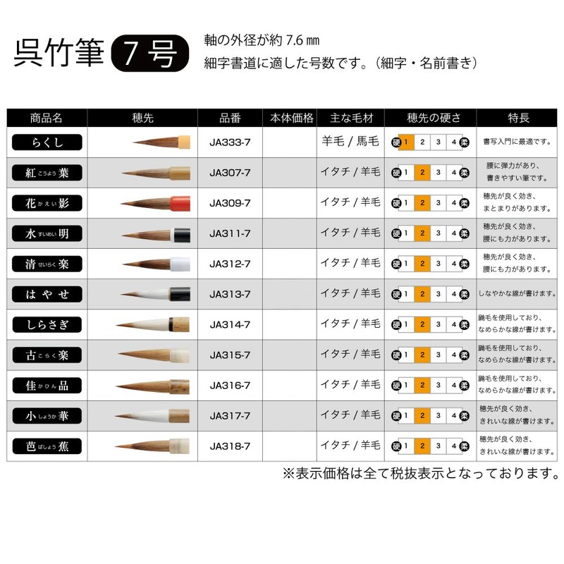 呉竹 筆 書道筆 細筆 らくし 7号 茶毛 JA333-7