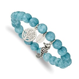 Auriga Fine Jewelry Stainless Steel Antiqued and Polished Seahorse and Tree of Life 8mm Blue Dyed Jade Beaded Stretch Bracelet 6.25"