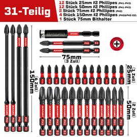 Geinxurn PH2 Phillips Screwdriver Bit Set, 30 Pieces 50 mm #2 Phillips 1/4 Inch Hex Shank S2 Alloy Steel Impact-Resistant Bit Set with 1 Piece 60 mm Magnetic Bit Holder, Bulk