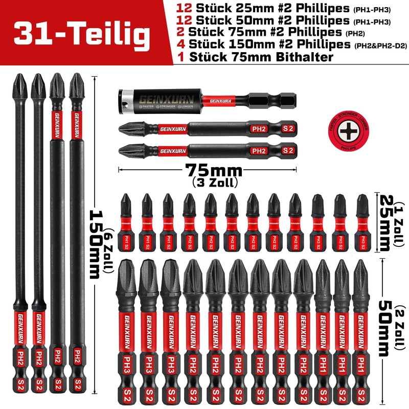 Geinxurn PH2 Phillips Screwdriver Bit Set, 30 Pieces 50 mm