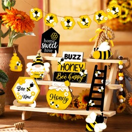 15 Pcs Bee Tiered Tray Decor Set Bee Wooden Sign Table Decorations Farmhouse Sweet Hive Happy Honey Tray Decor