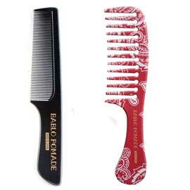 Bablo Pomade Grooming Wide Comb Comb (Red Bandana Paisley Pattern) & Original Comb (Black) Set, Coarse Comb, BARBER Barber, Made in Japan