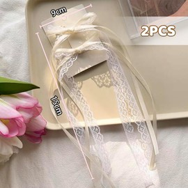 Nayyana 2 Stück Spitzen-Haarschleifen-Clips für Frauen, weiße Spitzenschleifen für Haare, süße Haarbänder, Haar-Accessoires, niedliche Tüll-Langschleifen-Haarspangen, Damen-Bandschleifen