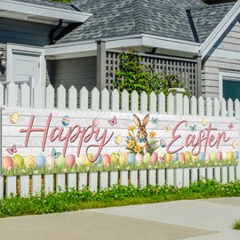 Large Happy Easter Wood Board Banner for Fence Bunny Rabbit Easter Eggs Flower Easter Spring Summer Party Decorations and Supplies for Home Classroom-20×98''
