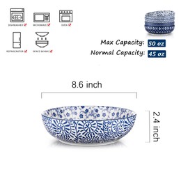 Selamica Ceramic Pasta Bowls Set of 4,Large Salad Bowls, Stackable Serving Bowls, Microwave Dishwasher Safe, 8.6 inch，50 OZ,Vintage Blue