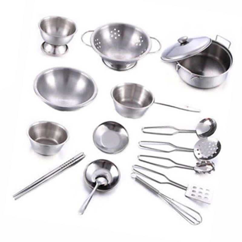 16PCS Pots and Pans Kitchen Toy Stainless Steel Pretend Play