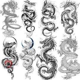 8 Sheets Dragon Temporary Tattoos For Men Women Adults, Black Realistic Dragon Tattoo Sticker Half Arm Sleeve, Waterproof Tribal Totem Fake Tattoos Halloween