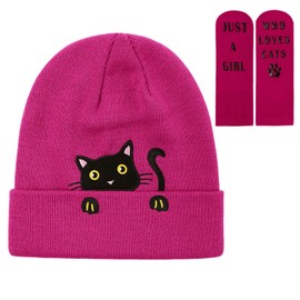 Girls Cute Cat Embroidered Beanie Hat and Socks Set, Kids Knitted Beanies Skull Cap for Christmas Gift Cat-Lovers Gift
