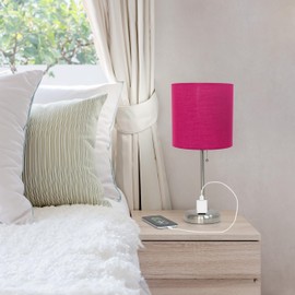 Simple Designs LT1144-PNK Sleek and Slender Brushed Steel Table Lamp with Charging Outlet, for Bedroom, Living Room, Entryway, Office, Dining Room, Study, Pink Shade