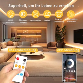 Yeewhale COB LED Strip 3000 K Warm White, App Control with Remote Control, 5 m, Dimmable, 24 V, Flexible COB LED Strip Set, Bright Under Unit, Cob LED Strip for Home, Party, DIY Decoration