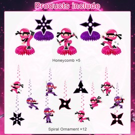 Pink Ninja Party Decorations Ninja Warrior Birthday Party Decor Supplies Includes Happy Birthday Banner Hanging Swirls for Birthdays Girls Warrior Ninja Master Supplies Honeycomb Centerpiece