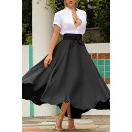 chouyatou Women's Elegant High Waisted Side Slit Irregular Bohemian Maxi Skirt with Pockets, Black, Small