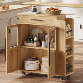 GAOMON Kitchen Island, Stationery Storage Islands with 3 Tier Spice Racks and Towel Rack, Coffee Bar Table with Glass Cabinet Doors for Dining Room, Living Room, Natural