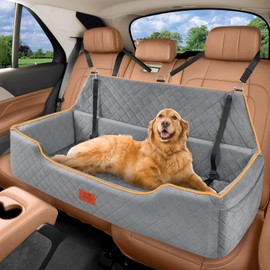 XIEEAOZEE Large Dog Car Seat for Dods Under 100 Lbs, Memory Foam Dog Car Bed for Backseat & Trunk, Detachable and Washable Cover, Pet Travel Seat with Storage Pockets, 2 Safety Belts