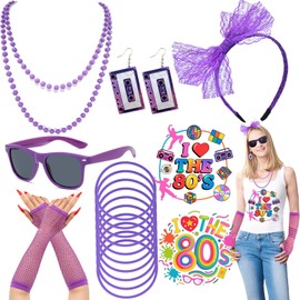 DONGZQAN 19PCS 80s Fancy Dress for Women, 80s Accessories for Women, 1980s Outfits for Women with Tape Earrings Necklace Bracelet Mesh Sleeve 80s Retro Theme Party Decoration(Purple)