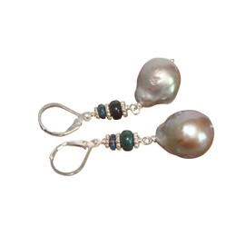 Baroque pearl black opal earrings, 16mm silver champagne pearls, sterling silver, day to night style, unique artisan made jewelry