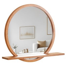 AGATEO Wall Mirror with Shelf - Wood Circle Mirror - Rustic Bathroom Mirror - Bathroom Mirrors for Over Sink - Wood Framed Mirror - Entryway Mirror with Shelf - Round Mirror 24 inch