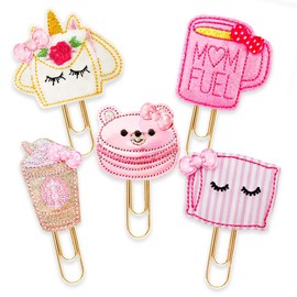 "Love Pink" Vinyl Felties Planner Paper Clip Set | 5 Cute Designs | Novelty Accessory for Filofax Personal Planners, Journals, Organizers, Diaries,Traveler's Notebook, or as Bookmarkers | Party Favors