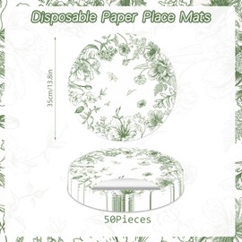 50 Pack Paper Placemats Disposable Green Floral Placemats 13.7 Inch Vintage Sage Green Flower Place Mats Chinoiserie Round Table Mats for Dinner Table Setting Birthday Wedding Party Supplies