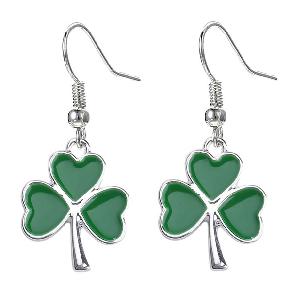 Charm Buddy Green Enamel Silver Plated Shamrock Dangly Earrings with